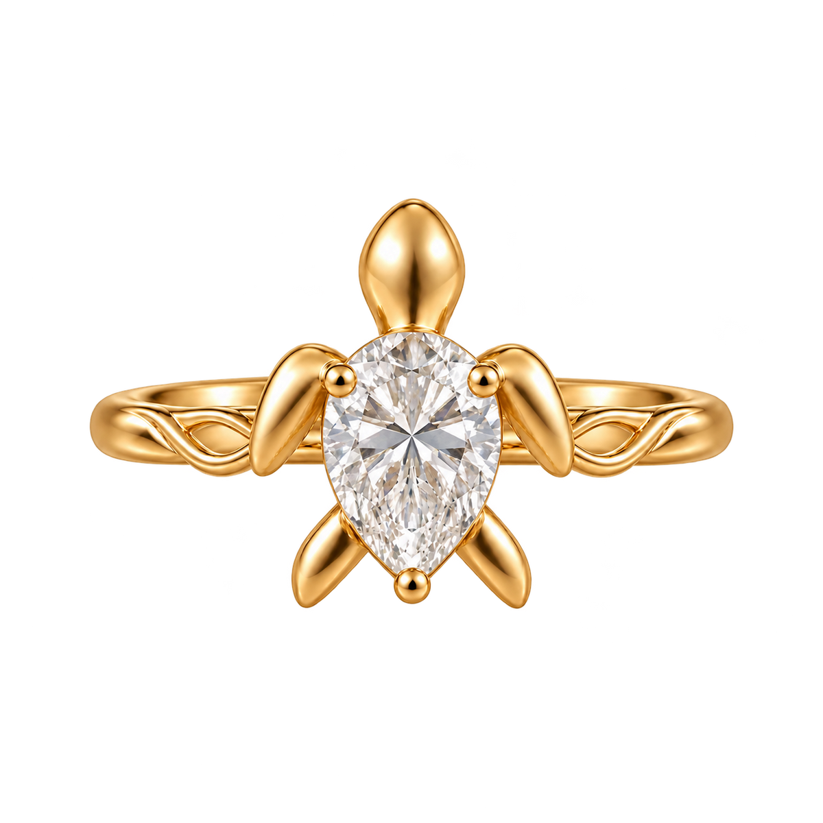 Tortue ring, yellow gold, colorless pear-shaped lab-grown diamond